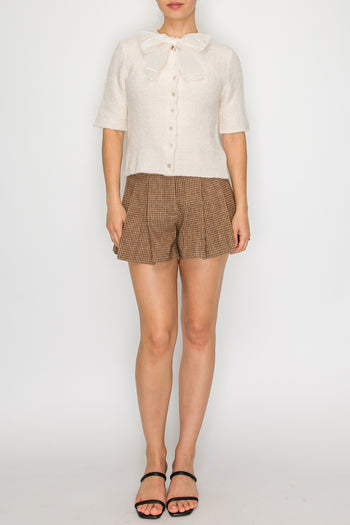 STITCH & Co. Short Sleeve Bow Tie Cardigan in Cream