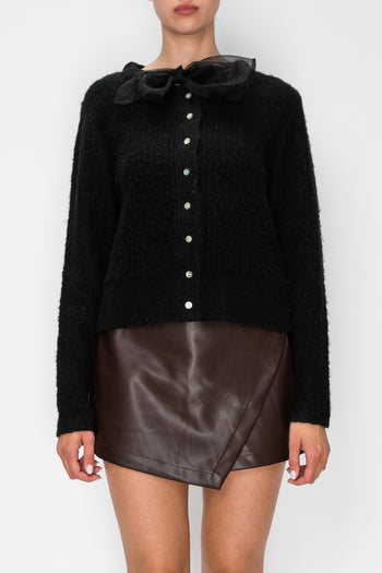STITCH & Co. Bow Detail Button-Front Cardigan in Black