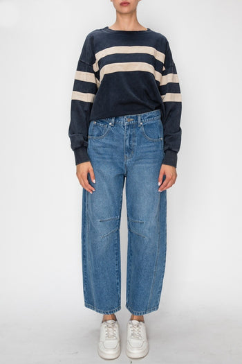 STITCH & Co. OVERSIZED Striped Detail Pullover Sweatshirt in Washed Navy