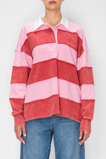 STITCH & Co. Washed Color Block Rugby Top in Baby Pink/Burgundy