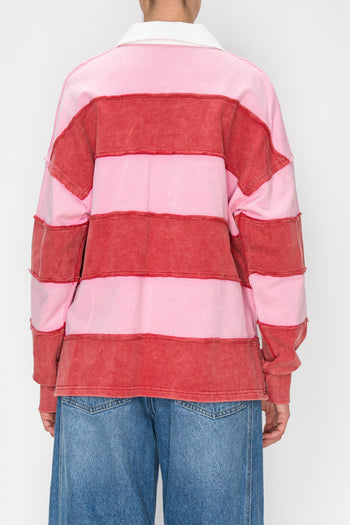 STITCH & Co. Washed Color Block Rugby Top in Baby Pink/Burgundy