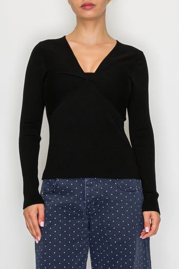 STITCH & Co. Twist Front V-Neck Knit Top in Black
