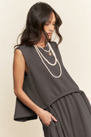 Davi & Dani CROPPED Self Tie Top and Pants Set in Charcoal