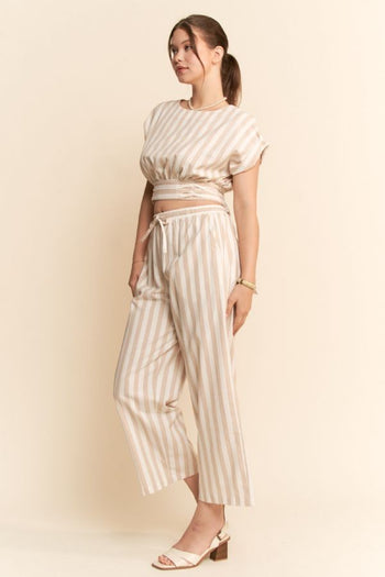 Davi & Dani Contrasting Vertical Striped Set in Taupe