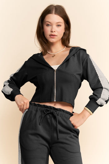 Davi & Dani Mineral Washed Cropped Hoodie and Pants Set with Lace Trim in Black