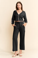 Davi & Dani Mineral Washed Cropped Hoodie and Pants Set with Lace Trim in Black