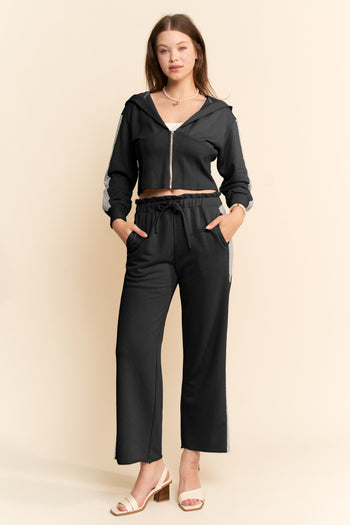 Davi & Dani Mineral Washed Cropped Hoodie and Pants Set with Lace Trim in Black