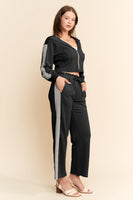 Davi & Dani Mineral Washed Cropped Hoodie and Pants Set with Lace Trim in Black