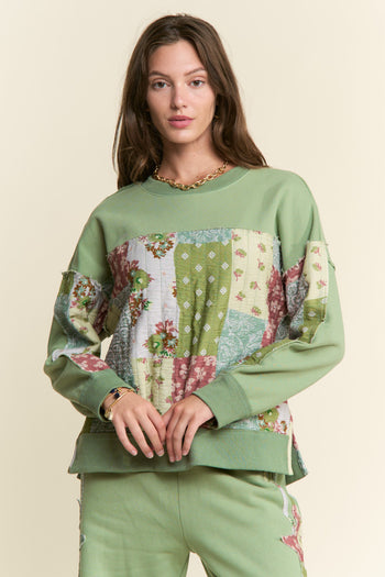 J.nna Multi Pattern Patched French Terry Top in Sage Multi