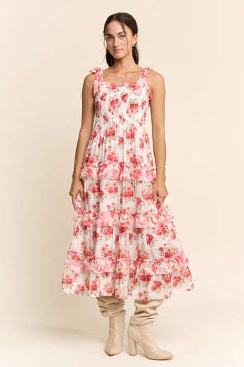 Davi & Dani Garden Floral Mixed Ruffle Detail Midi Dress in Pink Red