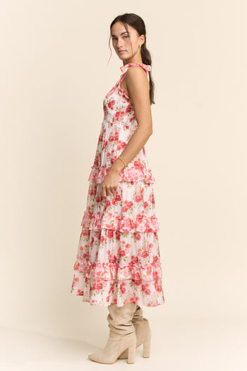 Davi & Dani Garden Floral Mixed Ruffle Detail Midi Dress in Pink Red
