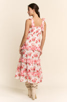 Davi & Dani Garden Floral Mixed Ruffle Detail Midi Dress in Pink Red
