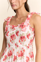 Davi & Dani Garden Floral Mixed Ruffle Detail Midi Dress in Pink Red
