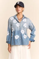 Davi & Dani Denim Flower Embroidered Top in Washed Denim