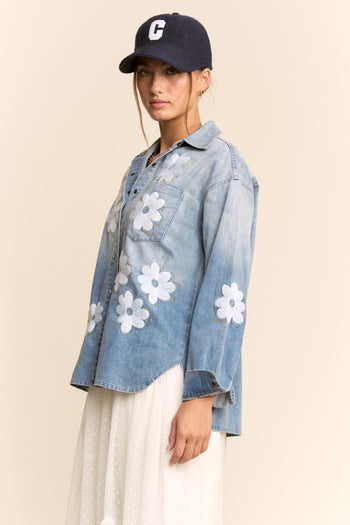 Davi & Dani Denim Flower Embroidered Top in Washed Denim