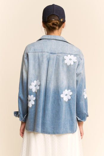 Davi & Dani Denim Flower Embroidered Top in Washed Denim