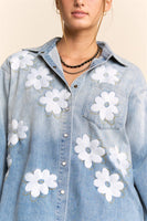 Davi & Dani Denim Flower Embroidered Top in Washed Denim