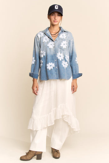 Davi & Dani Denim Flower Embroidered Top in Washed Denim