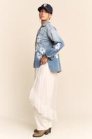 Davi & Dani Denim Flower Embroidered Top in Washed Denim