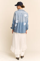 Davi & Dani Denim Flower Embroidered Top in Washed Denim
