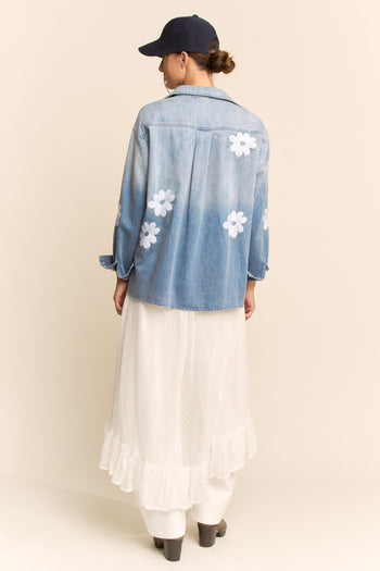 Davi & Dani Denim Flower Embroidered Top in Washed Denim