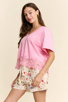 J.nna Charm Lace-Trim V-Neck Top in Bubble Gum