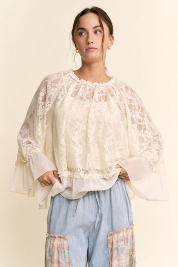 Davi & Dani OVERSIZED Floral Sheer Lace Top in Cream