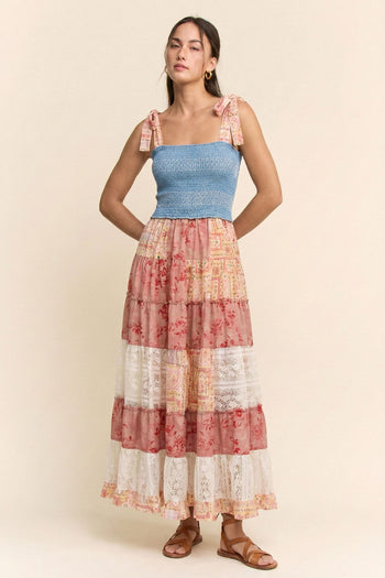 tiered denim maxi dress Womens Layers with Silhouette Wash Lab Deep Blue / L this denim maxi dress blends timeless charm with modern versatility Davi & Dani Smocked Denim