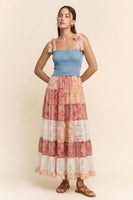 Davi & Dani Smocked Denim Bodice Patchwork Tiered Maxi Dress in Coral