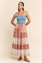 Load image into Gallery viewer, Davi &amp; Dani Smocked Denim Bodice Patchwork Tiered Maxi Dress in Coral
