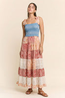 Davi & Dani Smocked Denim Bodice Patchwork Tiered Maxi Dress in Coral