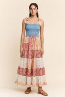 Davi & Dani Smocked Denim Bodice Patchwork Tiered Maxi Dress in Coral