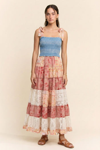 Davi & Dani Smocked Denim Bodice Patchwork Tiered Maxi Dress in Coral