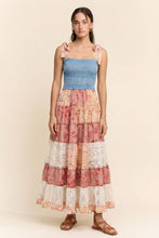 Load image into Gallery viewer, Davi &amp; Dani Smocked Denim Bodice Patchwork Tiered Maxi Dress in Coral
