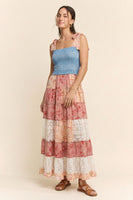 Davi & Dani Smocked Denim Bodice Patchwork Tiered Maxi Dress in Coral