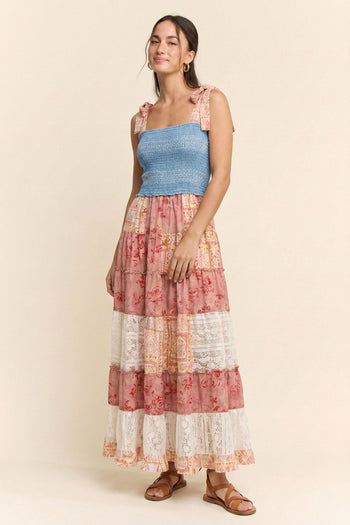 Davi & Dani Smocked Denim Bodice Patchwork Tiered Maxi Dress in Coral