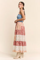 Davi & Dani Smocked Denim Bodice Patchwork Tiered Maxi Dress in Coral