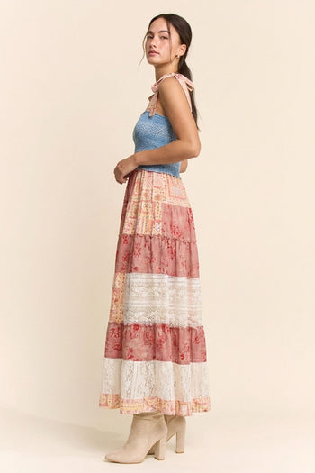 Davi & Dani Smocked Denim Bodice Patchwork Tiered Maxi Dress in Coral