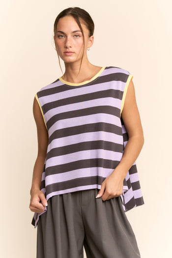Davi & Dani Contrasting Striped Sleeveless Top in Lavender Grey