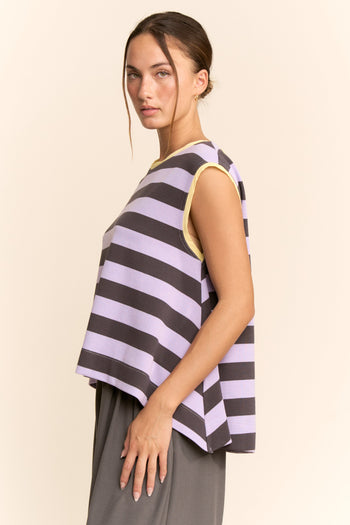 Davi & Dani Contrasting Striped Sleeveless Top in Lavender Grey