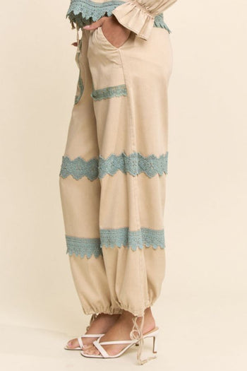 Davi & Dani Lace Detail Adjustable Hem Pants in Beige