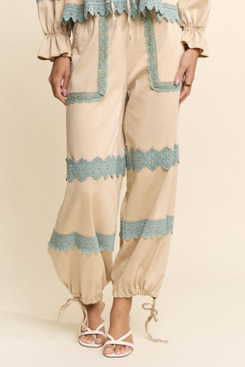 Davi & Dani Lace Detail Adjustable Hem Pants in Beige