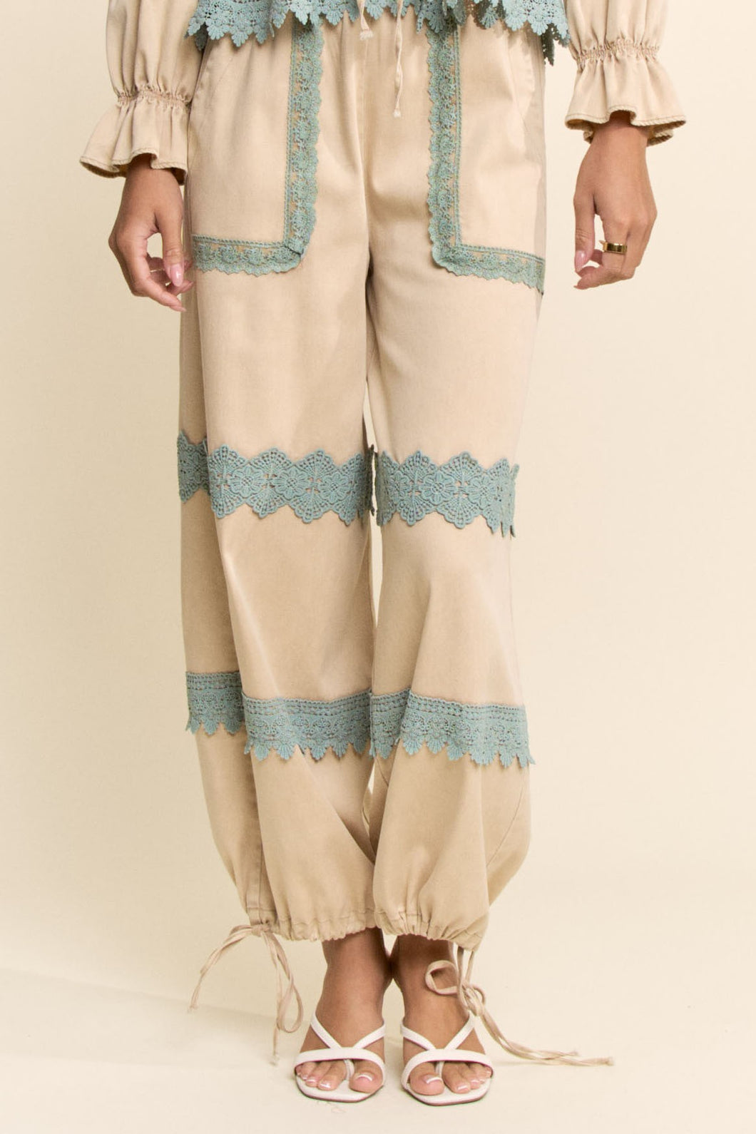 【Eaphi】MIX KNIT & LACE HEM BUTTON PANTS Davi & Dani Lace Detail Adjustable Hem Pants in Beige – June Adel