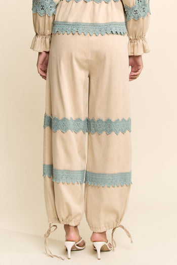 Davi & Dani Lace Detail Adjustable Hem Pants in Beige
