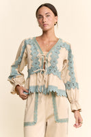 Davi & Dani Front Tie Cardigan with Contrasting Lace Insert Details in Beige