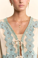 Davi & Dani Front Tie Cardigan with Contrasting Lace Insert Details in Beige