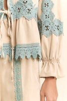 Davi & Dani Front Tie Cardigan with Contrasting Lace Insert Details in Beige