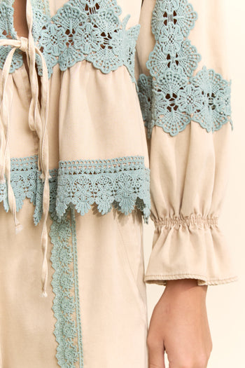 Davi & Dani Front Tie Cardigan with Contrasting Lace Insert Details in Beige