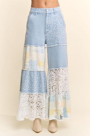 Davi & Dani Denim Blocked Patchwork Print and Lace Pants in Light Denim Multi