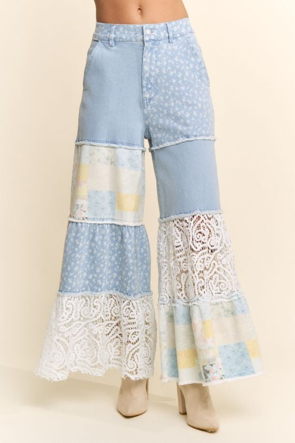 Davi & Dani Denim Blocked Patchwork Print and Lace Pants in Light